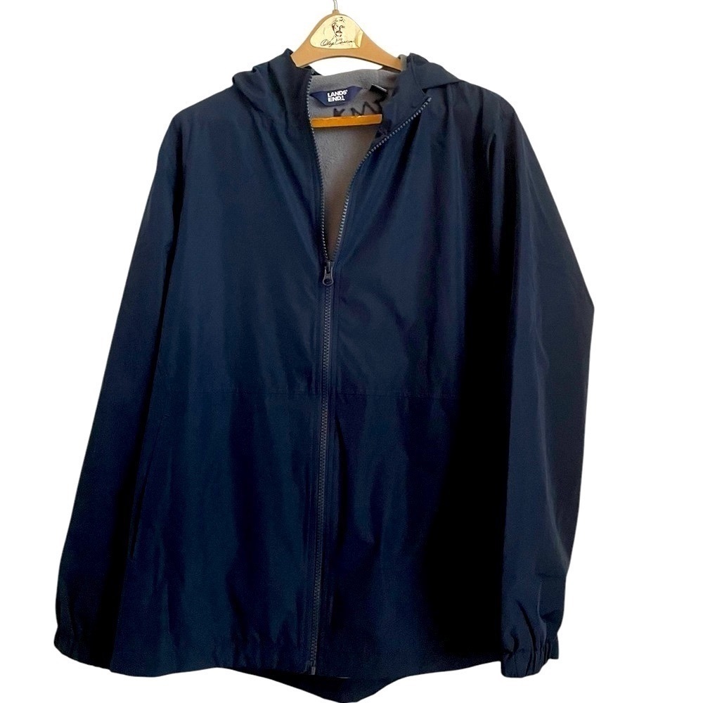 Lands' End Navy Blue Windbreaker with Hood and Zipper Closure Extra Large
